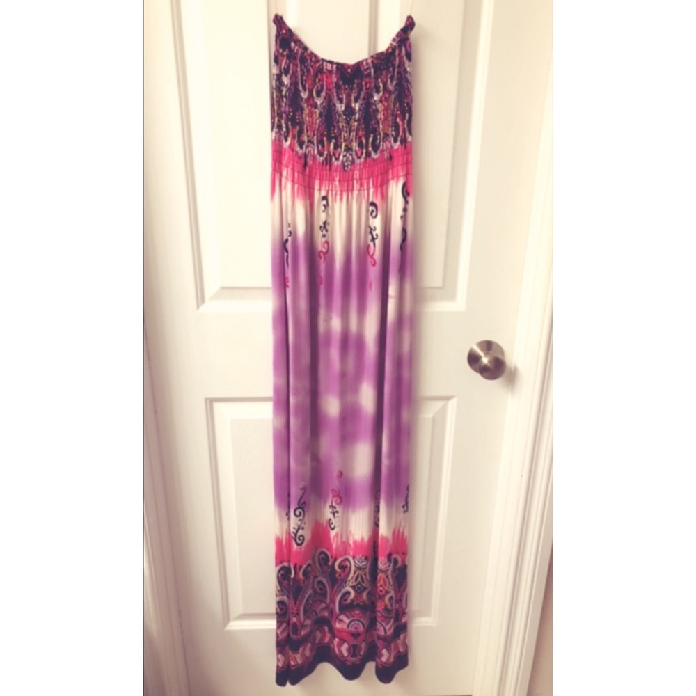 Strapless Pink and Purple Tribal Design Maxi Dress